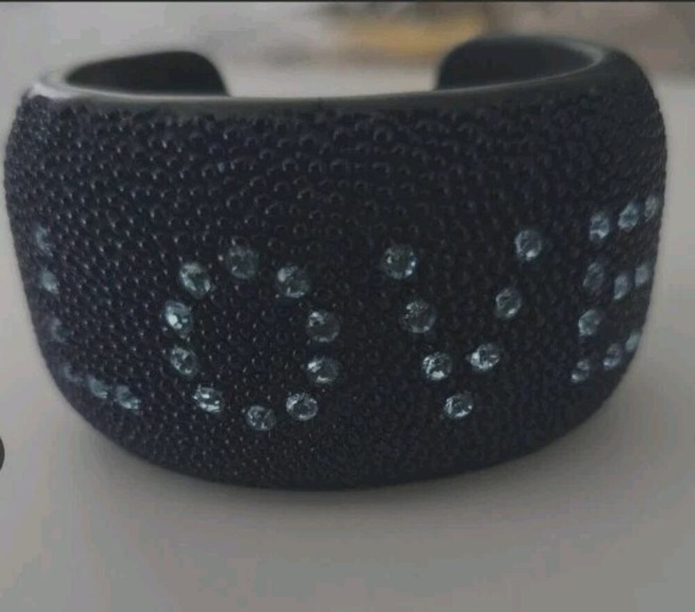 Vintage Stingray Leather LOVE Wide Cuff Bracelet Lux Navy Blue Pavé Crystals